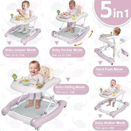 Foldable Baby 5-in-1 Activity Walker - Rocker, Activity Center, Bouncer, Seat Walker, Push Walker - Adjustable Speed Rear Wheels and Height Toys Ages 6-18 Months… (Purple) thumbnail 3