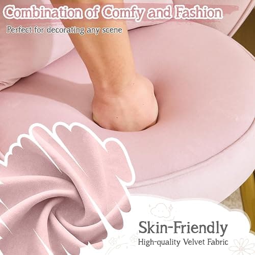 VINGLI Petal Makeup Vanity Chair with Back,Flower Cute Girls Desk Chair Comfy No Wheels,Modern Dining Chair,Small Accent Chair with Adustable Gold Legs&Bow Pillow for Home Office,Bedroom,Velvet,Pink thumbnail 4