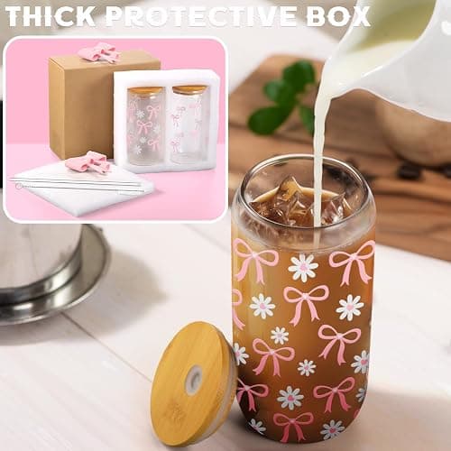 Skylety Set of 2 Coquette Bow Glass Cup 16oz Pink Glass Cup with Lids and Straws Reusable Pink Bow Silicone Straw Toppers Lids Protectors 2 Brush for Drinking Coffee Tea Cocktail(Bow) thumbnail 5