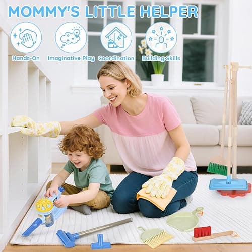 Dreamon Wooden Toddler Cleaning Set - 11Pcs Kids Cleaning Toy Set with 3-in-1 Kids Vacuum That Really Works, Montessori Cleaning Toys with Broom and Mop Set for Toddlers Girls Boys Age 3-6 thumbnail 7