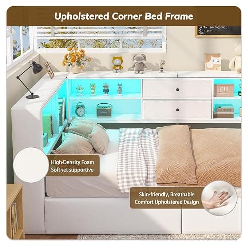 Twin Corner Bed Frame with Storage Bookcase and 4 Drawers, Upholstered Daybed Twin Size with Charging Station & LED Lights, White L-Shape Twin Size Bed Frames Metal Platform Bed for Kids Teenagers thumbnail 6