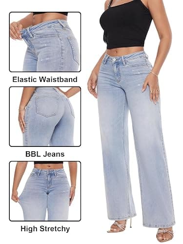 ONESO Mid-Low Rise Baggy Jeans Wide Leg for Women Distressed Pants Stretchy Bottom Lady Basic Comfortable Denim thumbnail 4