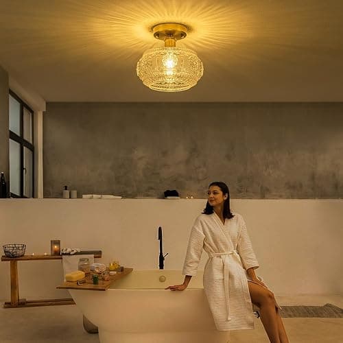 Tbaoinla Semi Flush Mount Ceiling Light Fixture - Brass & Floral Glass Shade, Vintage Modern Lighting for Entryway, Bathroom, Kitchen, Bedroom (Bulb Not Included) thumbnail 2