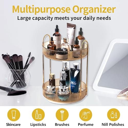Asayuee 360 Rotating Gold Makeup Organizer,2 Tier Large Capacity Rotating Makeup Organizer,SkincarePerfume Organizer,Bathroom Cosmetics Storage Organizer Countertop (Gold-2 Tier) thumbnail 6