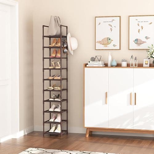 LANTEFUL Tall Shoe Rack 10-Tier Narrow Shoe Shelf Storage for 10-15 Pairs Shoe and Boot, Sturdy Shoe Storage Space Saving Corner Shoe Rack Organizer for Closet, Entryway, Living Room, Brown thumbnail 2