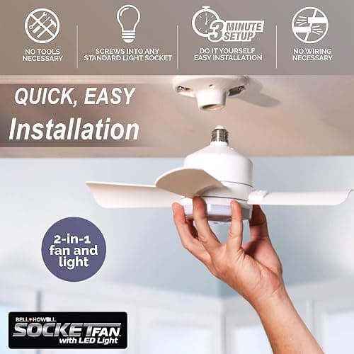 Bell+Howell Socket Breeze Modern Ceiling Fans with LED Lights, 10" LED E26/E27 Screw Base Mini Light Socket Fan with Cord for Bedroom, Living Room, Kitchen, Balcony thumbnail 2