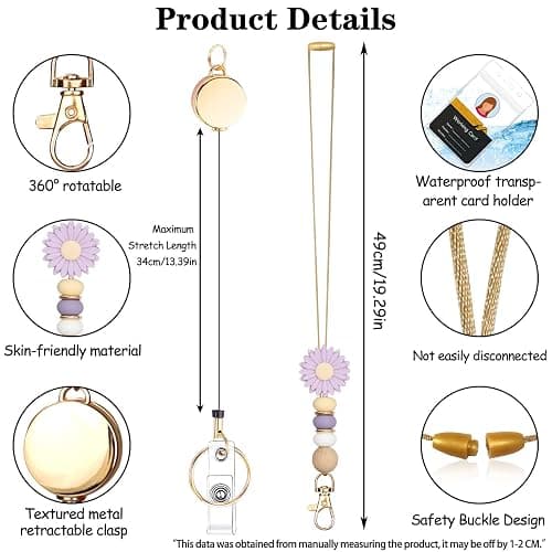 Colorful ID Badge Holder with Silicone Beads Lanyard Set,Cute Teacher Breakaway Lanyard for Keys & Keychain with Cute Retractable Badge Reel Holder,Gift for Women,Nurse, Teacher. (Purple Daisy) thumbnail 4