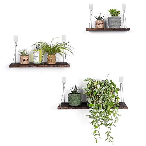 MITIME Floating Wall Shelves, Rustic Wood Wall Mounted Shelf Set of 3 | No Drill Adhesive Renter Friendly Floating Shelf, Display Rack for Plants Decor Bedroom Bathroom Kitchen thumbnail 9