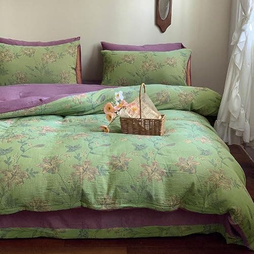 VM VOUGEMARKET Linen Cotton Jacquard Duvet Cover Queen,3 Pcs Yarn-Dyed Textured Duvet Cover Set Green Purple Floral Bedding Breathable, Natural Wrinkled Look-No Comforter thumbnail 8