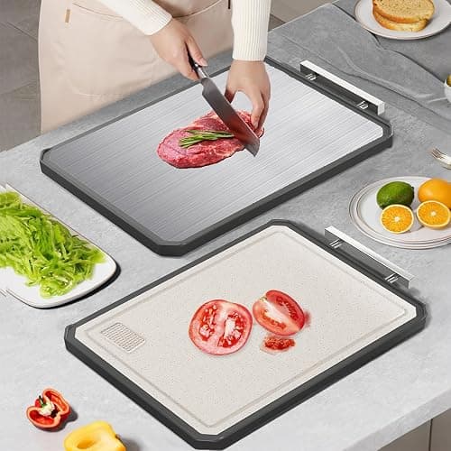 Stainless Steel Cutting Boards for Kitchen, 2-in-1 Chopping Boards | Metal Cutting Board Non Toxic, Food Grade Stainless Steel/Wheat Straw PP, Dishwasher Safe, Large for Meat, 16”×11” thumbnail 2