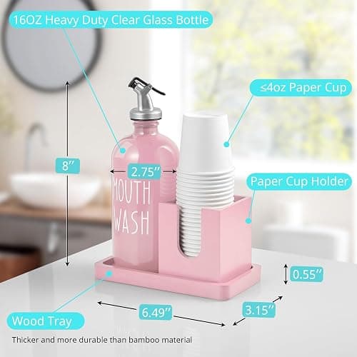 Glass Mouthwash Dispenser for Bathroom, 16 OZ Mouthwash Dispenser with Pour Spout and Wood Cup Holder and Tray, Mouth Wash Bottle Container, Farmhouse Kitchen Bathroom Decor and Accessories, Pink thumbnail 3