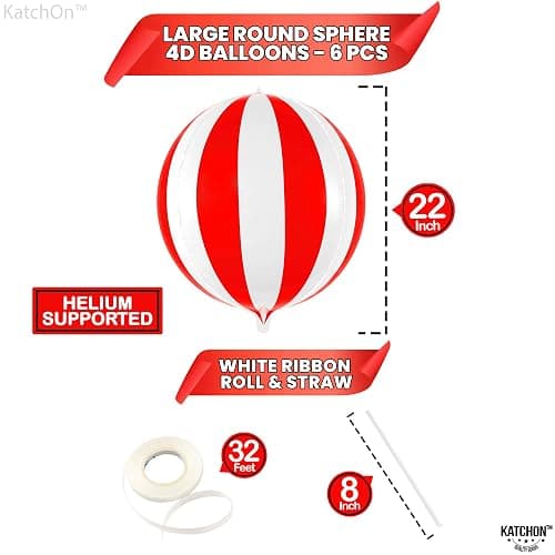 KatchOn, Huge Red and White Carnival Balloons - 22 Inches, Pack of 6 | Red and White Striped Balloon for Carnival Decoration | Circus Balloons For Birthday, Retro, 70s, Circus Theme Party Decorations thumbnail 3