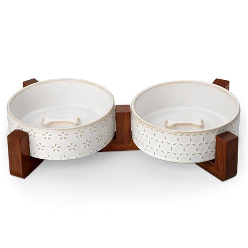 MALACASA Dog Bowl Set with Walnut Wood Stand, 1.5 Cups Ceramic Pet Bowls for Puppy Dogs, Dual Food and Water Bowls with Non-Slip Base, Basic Bowls for Your Dog or Cat, Five-Leaf Grass & Honeycomb - Image 1