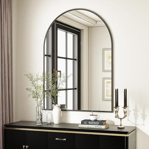 VooBang Arched Wall Mirror, 30 x 38 inch Arch Bathroom Mirror, Wall Mounted Vanity Mirror with Arch Metal Frame, Modern Bathroom Vanity Mirror for Bedroom, Living Room, Hanging or Leaning, Black thumbnail 2