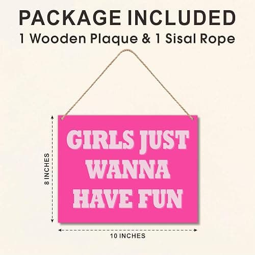 Girls Just Wanna Have Fun - 8"X10" Hanging Wooden Plaque - 1 Wood Sign & 1 Sisal Rope, Hot Pink Welcome Hanger For Girl's Room, Front Door, Home & Office Decorations - E08 thumbnail 3