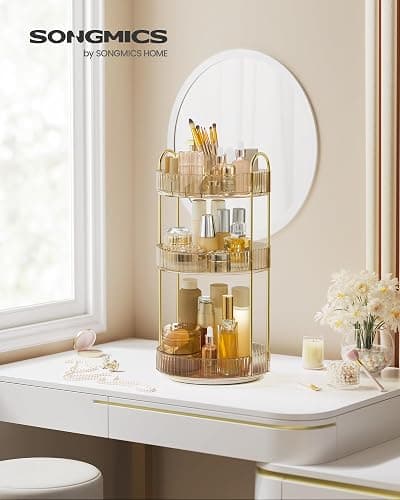 SONGMICS Makeup Organizer, 3-Tier Round Rotating Skincare Organizer Countertop, Customizable, Toiletries Vanity Organizer, Lazy Susan, Christmas Gift, Champagne Gold UJKA011A01 thumbnail 2