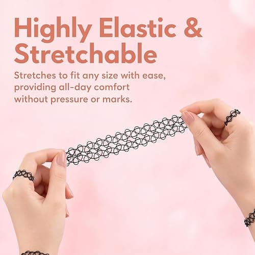 guleon15Pcs Tattoo Choker Set, Stretchy 90s Choker Necklace for Women,Black | 0.47in width, plastic, 5 sets of necklace bracelet ring, simple tattoo pattern, for 90s, retro, y2k styling, daily, party thumbnail 5