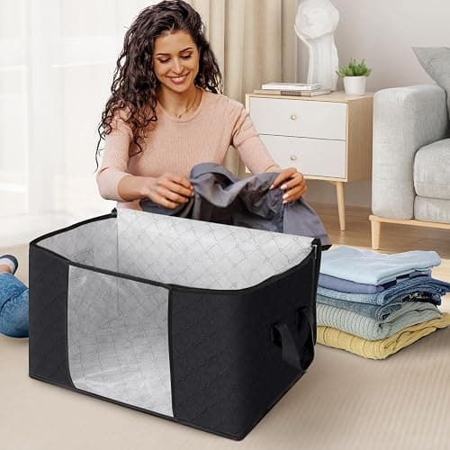 Fab totes Storage Bags,Clothes Blanket Storage Bins Foldable Closet Organizers with Reinforced Handle for Home Dorm Storage and Organization,Fabric Bags for Organizing Sheets,Clothing (Black,6 Pack) thumbnail 2