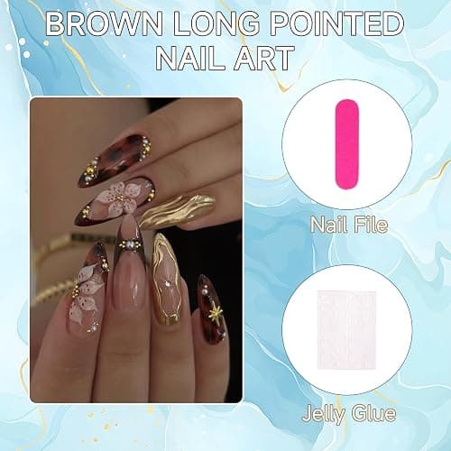 Auroriel 24 Pcs Moyen Amande Pression Sur Ongles Fleurs Marron Manucure Française 3D Or Structure Étoile Ongles Art Pour Ensemble D'Ongles Pour Femmes Manucure thumbnail 5