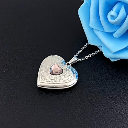 Birthstones Locket Necklace that Holds Pictures Love Heart Photo Locket Crystals Necklace Pendant Birthday Gifts thumbnail 7