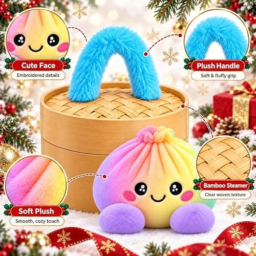 Cute Plush Dumpling Soft Rainbow Squishies with Steamer for Adults Gift | Giant Dumpling Plush Squeeze with Carry Handle, Christmas Stress Balls Slow Rebound Fidgets for Adults Anxiety Relief thumbnail 6