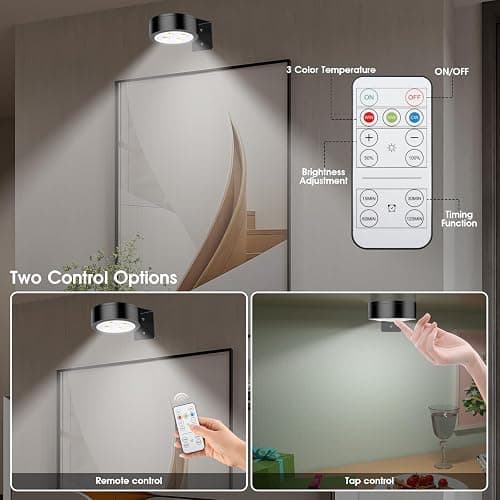 SIXDEFLY Picture Lights for Wall, 3 Lighting Modes Magnetic Art Display Light,Rechargeable Battery Operated Led Painting Light with Remote Control Dimmable & Timer,3Pack Black thumbnail 4