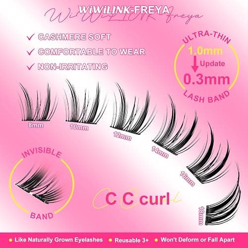 WiWiLINK Wispy Lash Clusters Manga DIY Lash Extension Kit and D Curl Eyelash Clusters 8-18mm with Bond, Seal, and Remover Natural Lashes Clusters- Invisible Band Lashes Spikes Eyelashes, Freya-kit thumbnail 6