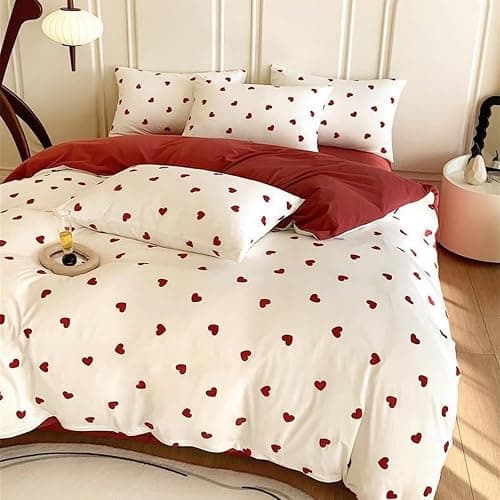 Freyamy Housse de Couette 220x240cm+2 Taie d'oreiller 65x65cm Coeur Imprimé Rouge Blanc Parure de lit 2 Personnes Adulte Motif du Cœur Sets de Housse Couette en Microfibre avec Fermeture Éclair thumbnail 3