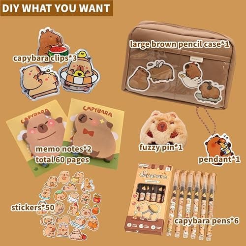 NAPIMICO Cute Capybara Pencil Case with 12 Compartments 90° Wide Opening Mouth Pencil Pouch with Kawaii Pins Plush Cute Stationery (Brown) thumbnail 5