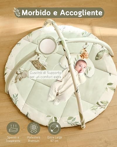 Fortella Palestrina Neonato Evolutiva, Tappetino Gioco Attività con 5 Giocattoli Sensoriali, Specchio e Cuscino–Ideale per Bambini e Bambine, Regalo Perfetto Sviluppo Infantile 0-3-6-9-12 Mesi (Verde) thumbnail 6
