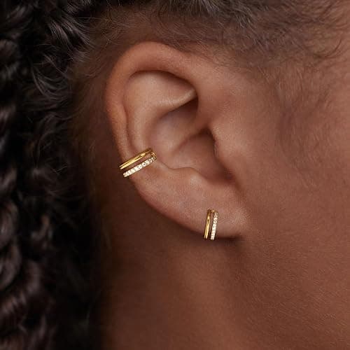 2 PCS Small Cartilage Double-Hoop Helix Conch Piercing Earrings With Cubic Zirconia For Women Trendy 14K Gold Plated Stainless Steel Sets Jewelry thumbnail 6