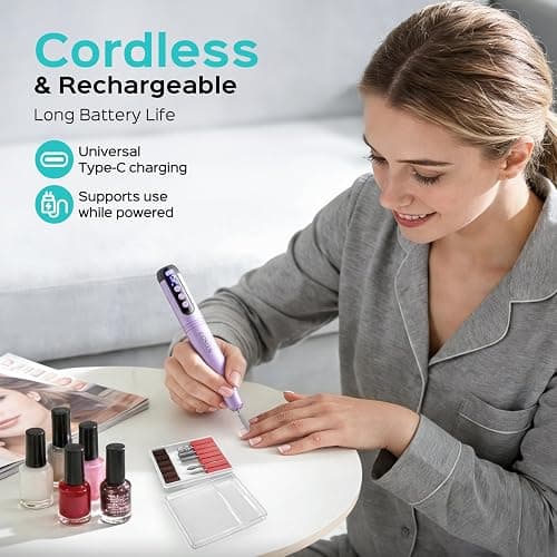 COSLUS C50 Cordless Electric Nail Drill : 12-Speed Professional Nail File with LED Display for All Manicure Shaping & Gel Removal, Nail Art Practice Essentials, Home DIY & Portable Travel Use, Purple thumbnail 7