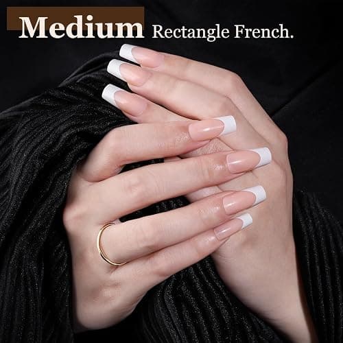 Teenitor Almond French Tip Black Press On Nails - Short, Medium Coffin Shapes - Glue On Nails Kit thumbnail 2