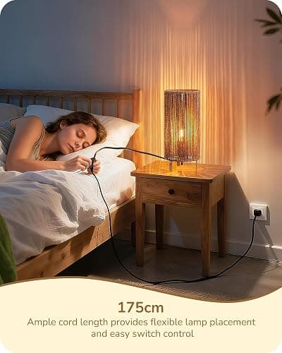 EDISHINE Boho Bedside Lamps Set of 2, Rattan Table Lamp for Living Room, Bedroom, LED Bulb Included, E27 Base, Vertical Stripes Lampshade thumbnail 5