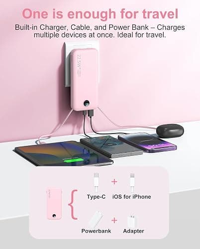 citicr Portable Charger Power Bank, 12000mAh 22.5W USB C Fast Charging with Built-in Cables and Wall Plug, Travel Essential Battery Pack with LED Display for iPhone, iPad, Samsung Pink thumbnail 4