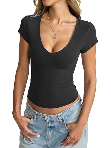 EasyGala Womens Deep V Neck Short Sleeve Shirts Sexy Slim Fitted Crop Tops | Buttery-soft Fabric, Low Cut, Casual Layering, Summer, Cute, Going Out, Dailywear, Date Night, Party, Beach Vacation Clothes thumbnail 2