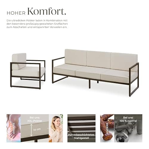 tectake® Gartenlounge Outdoor Set, Sofa 3 Sitzer 2X Gartensessel, Relaxsessel Garten mit Gartenbank, Gartenmöbel, Balkonmöbel, Terrassenmöbel, Wintergarten, Sitzecke Outdoor - 5 Sitzplätze - 5 Sitzplätze // 1 Sofa + 2 Sessel thumbnail 5