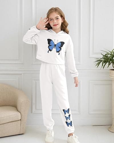 YOURUIKEY Girls' Clothing Set Butterfly Print Crop Top Hoodies Sweatpants 2 Piece Outfits Kids Sweatsuit Tracksuit Jogger Set thumbnail 4