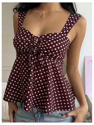 SOLY HUX Women's Babydoll Tops Summer Cute Polka Dots Tank Top | Sleeveless, Ruched, Drawstring, Peplum Tops, Cute Summer Tops for Teens thumbnail 2