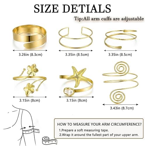 17KM 6PCS Gold Arm Cuff Bracelets for Women, Boho Statement Gold Upper Arm Bangle Band Armlet, Open Adjustable Cuff Bracelet set Stackable Jewelry thumbnail 4