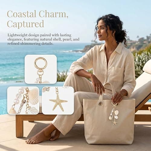 Angyape Gold Beach Keychain Cute Starfish Pearl Sealshell Keychain Bag Charms Purse Charms Summer Travel Gifts for Women thumbnail 3