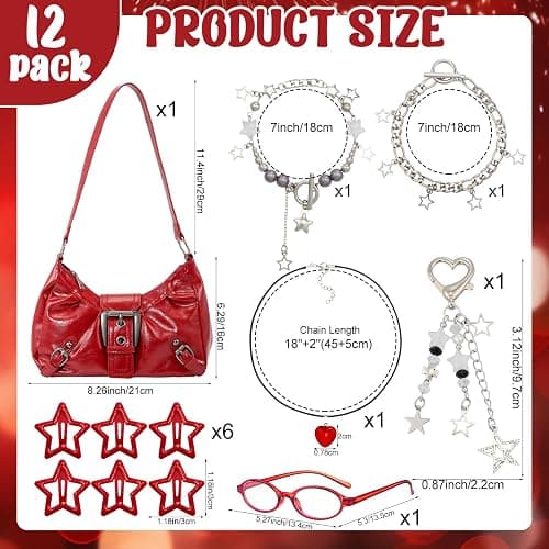 Sunnymove 12 Pcs Y2k Vintage Accessories Set, Red Shoulder Bag with Gothic Chain Clasp Star Hair Clips and Chain Heart Necklaces Small Oval Glasses 90s Suitable for Y2k Fashion Accessories thumbnail 4