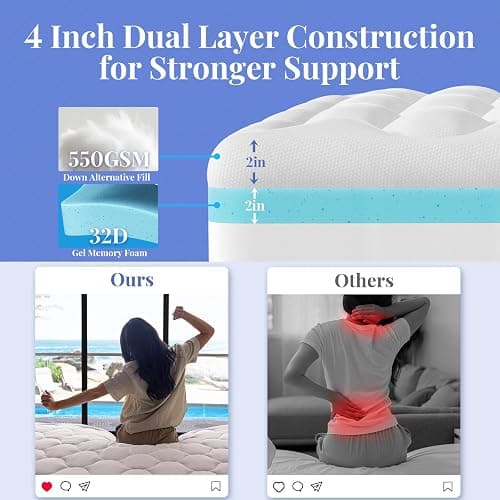 OhGeni Cooling 4 Inch Twin XL Dual Layer Mattress Topper, 2 Inch Gel Memory Foam,2 Inch Soft Pillow Top Pad, College Dorm Essentials Bedroom Mattresses Cover, Comfortable Sleep and Back Pain Relief thumbnail 3