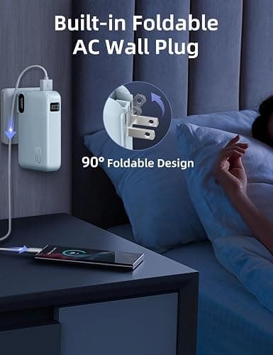 RORRY Portable Charger Built in Cables, AC Wall Plug in Portable Charger Power Bank 10000mAh Travel Battery Pack 22.5W Fast Charging for iPhone 17/16/15 Samsung Galaxy S24/S23/S22 Pixel LG iPad, Blue thumbnail 5