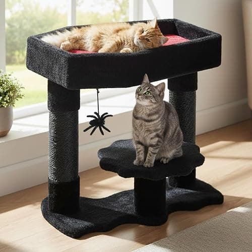 BEWISHOME Cat Tree Tower for Indoor Gothic Cat Trees with Coffin Bed, Halloween Cat House with Scratching Posts, Cat Shelves for Kitten, Spider Toy, Spooky Coffin Black with Red, Small MMJ91R - Image 1