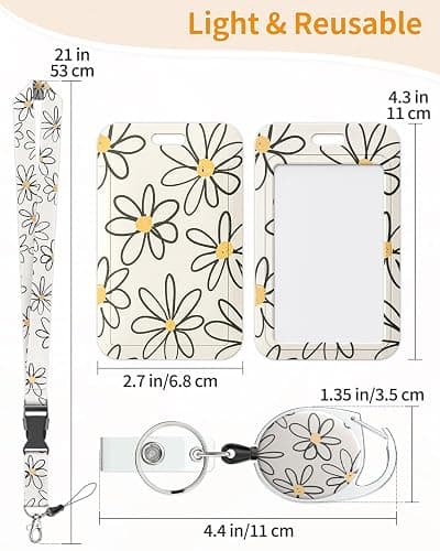 Uniclife Floral Sliding Badge Holder White Flower Plastic Case with Retractable Badge Reel Carabiner Clip & Detachable Lanyard Strap Fashionable Vertical Card Protector for Women Nurse Teacher Student thumbnail 2