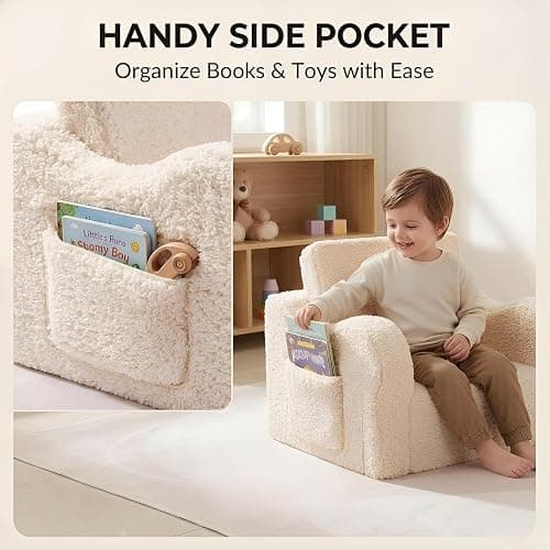 MOMCAYWEX Kids Sofa Chair, 2-in-1 Foldable Couch, Sherpa, Cream | Fold-Out Sofa Furniture, Removable Washable Soft Cover, Lightweight, Reading Playing Comfy Convertible Chair, Boys Girls thumbnail 6