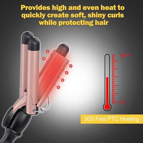 kuwa Crimper Hair Tool, 15 Variable Temperature with LCD Display Hair Crimper, Waver Hair Tool,3 Barrel Curling Iron, hairCrimper for Women,Long-Lasting Natural Tight Waves thumbnail 5