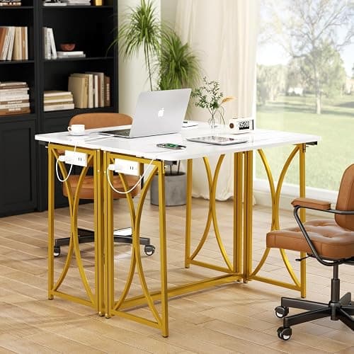 coeztt Folding Desk, 31.5" Small Desk for Bedroom with Power Outlet, Space Saving Foldable Computer Desk for Home Office, Easy Assembly, White and Gold thumbnail 6