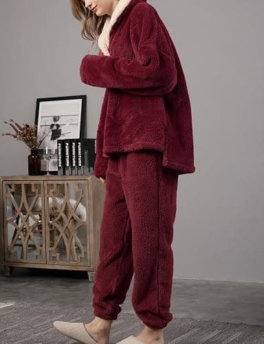 Fenclushy Women's Fluffy Loungewear Sleepwear Lounge Casual Pajamas Sets Loose Long Sleeve Fleece Pullover and Pants Set thumbnail 4